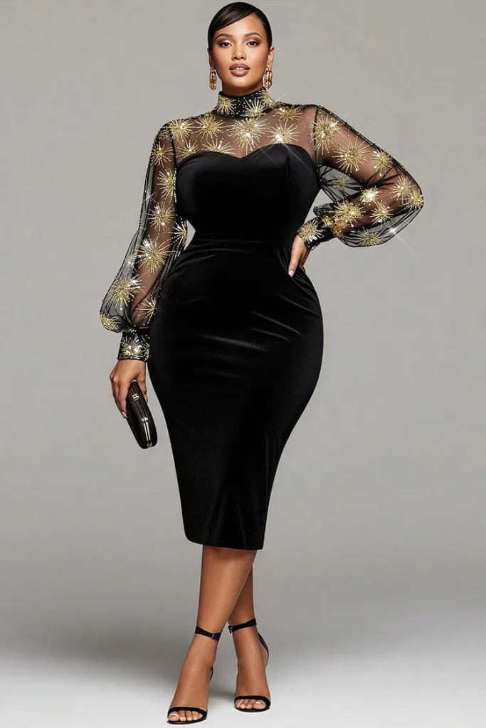 Plus Size Cocktail Party Black Mock Neck Lantern Sleeve Long Sleeve See Through Elegant Bodycon Velvet Midi Dress