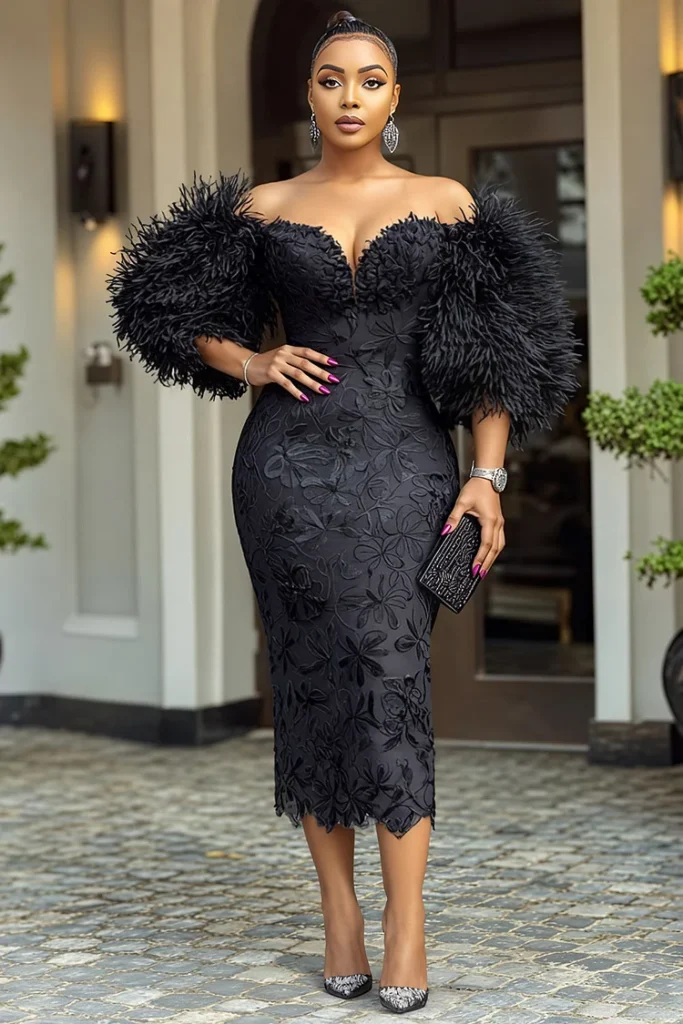Plus Size Cocktail Party Black Off The Shoulder Half Sleeve Feather Bodycon Guipure Lace Midi Dress