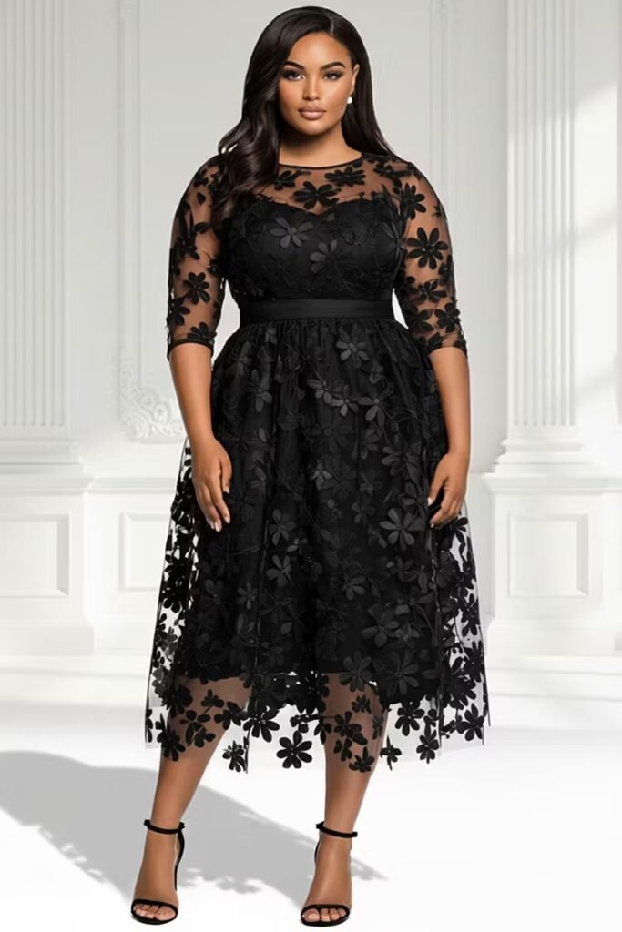 Plus Size Cocktail Party Elegant Black Round Neck Half Sleeve See Through Tulle Midi Dress