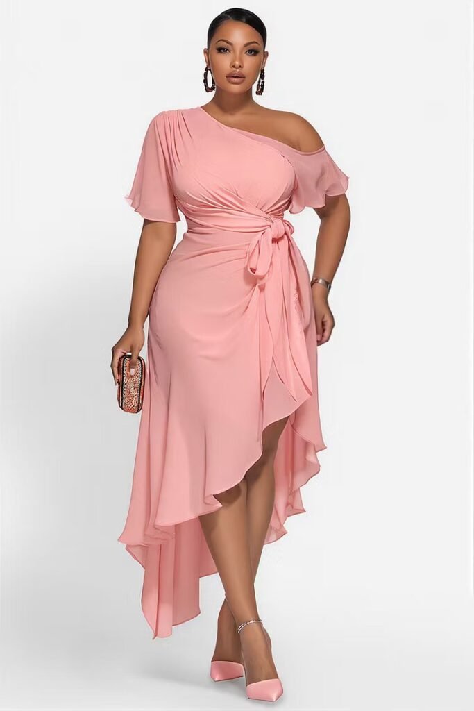 Plus Size Cocktail Party Elegant Pink Oblique Collar Short Sleeve Ruffle Wrap Chiffon Midi Dress