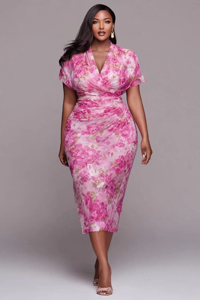 Plus Size Cocktail Party Pink Floral Cowl Neck Short Sleeve Fold Bodycon Tulle Midi Dress