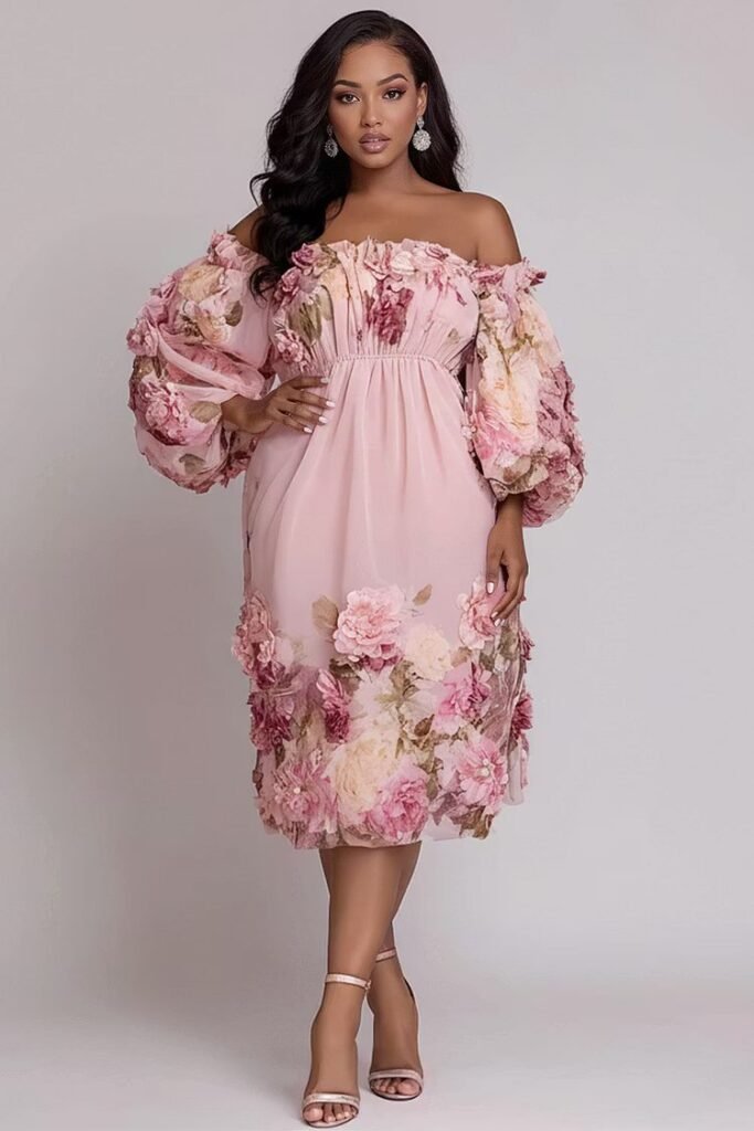 Plus Size Cocktail Party Pink Floral Off The Shoulder 3D Chiffon Midi Dress