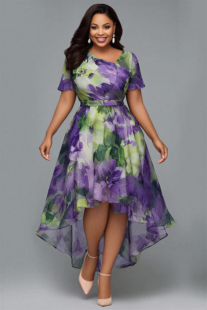 Plus Size Cocktail Party Purple Floral Asymmetrical Collar Short Sleeve Asymmetric Hem Irregular Hem Chiffon Midi Dress