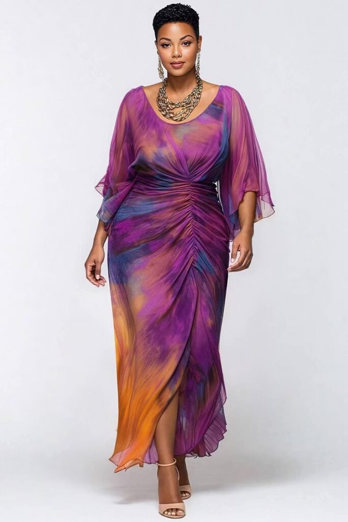 Plus Size Cocktail Party Purple Tie Dye Round Neck Flare 3:4 Sleeve Ruched Chiffon Maxi Dress