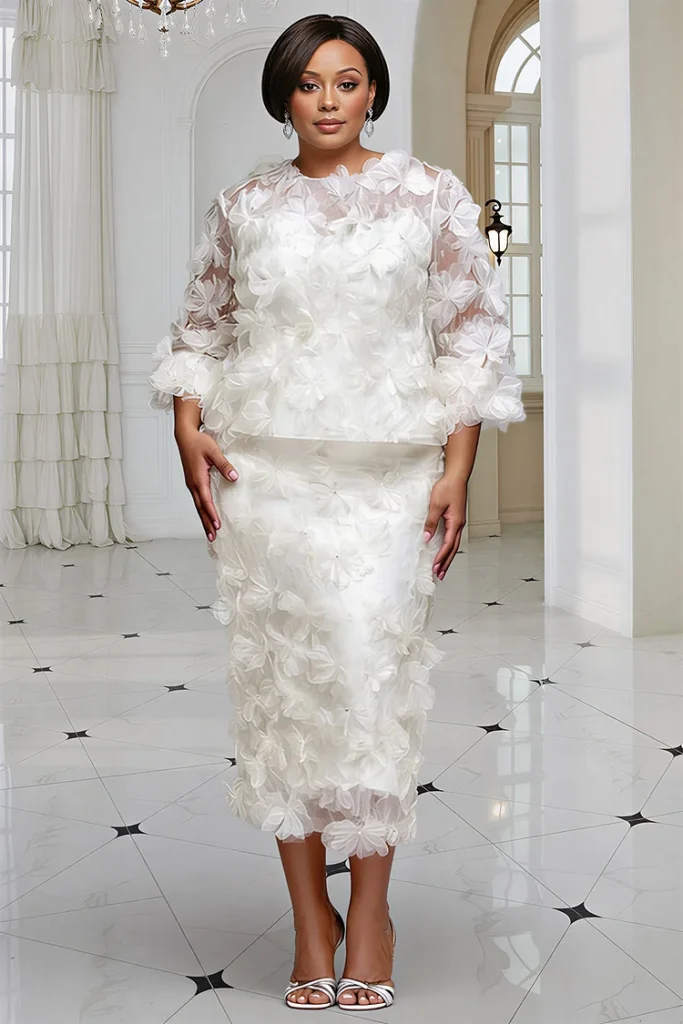 Plus Size Cocktail Party White Round Neck 3:4 Sleeve 3D Bodycon Two Piece Skirt Set