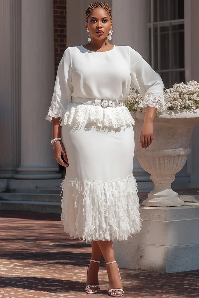 Plus Size Cocktail Party White Round Neck 3:4 Sleeve Contrast Ruffle Lace Two Piece Skirt Set