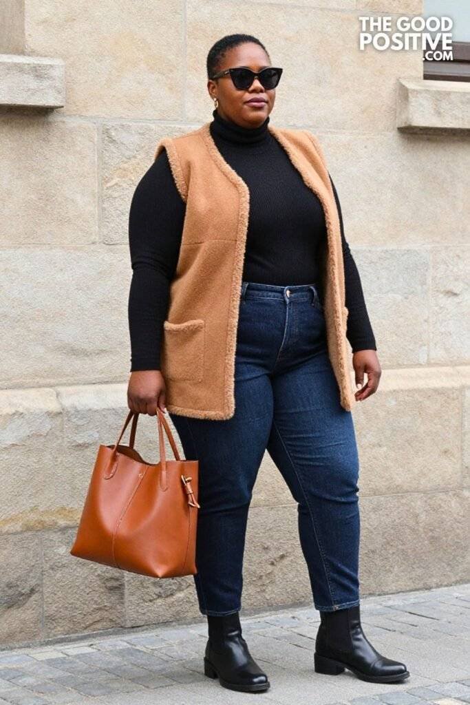 Plus Size Cognac Shearling Vest With Turtleneck And Barrel Jeans Outfit