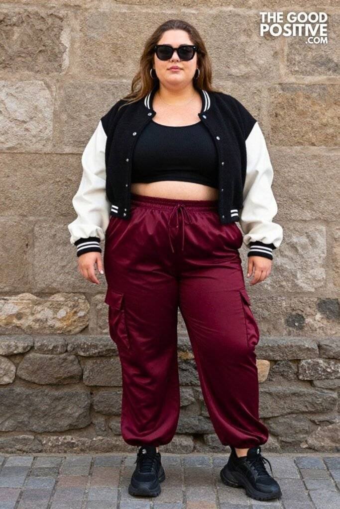 Plus Size Deep Burgundy Satin Cargo Pants & Cropped Varsity Jacket Outfit