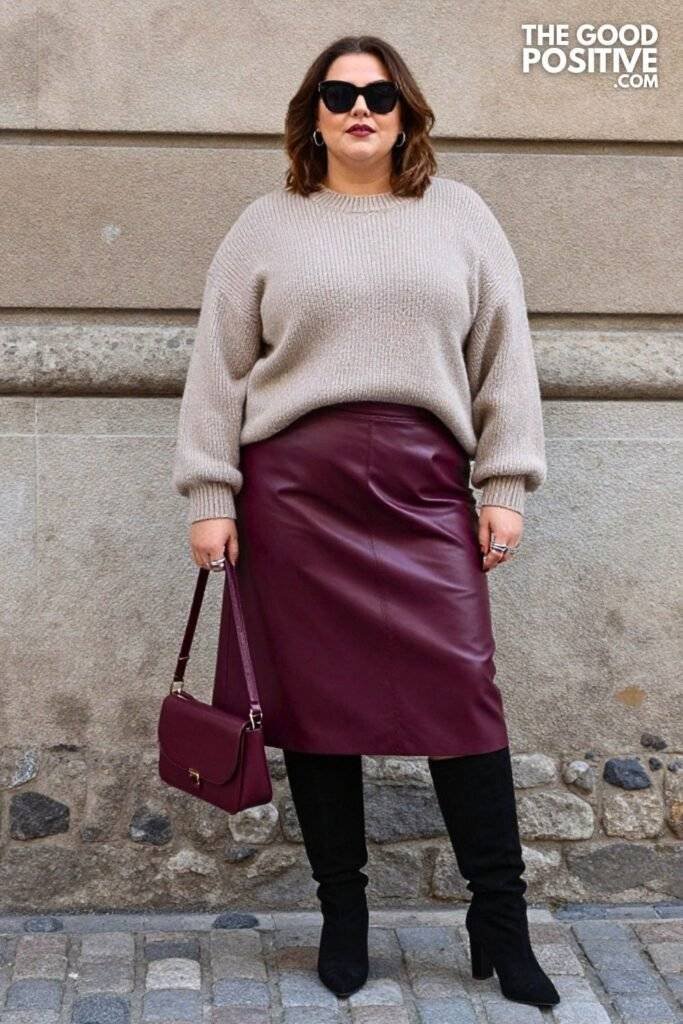 Plus Size Deep Plum Faux Leather Skirt With Chunky Knit Outfit