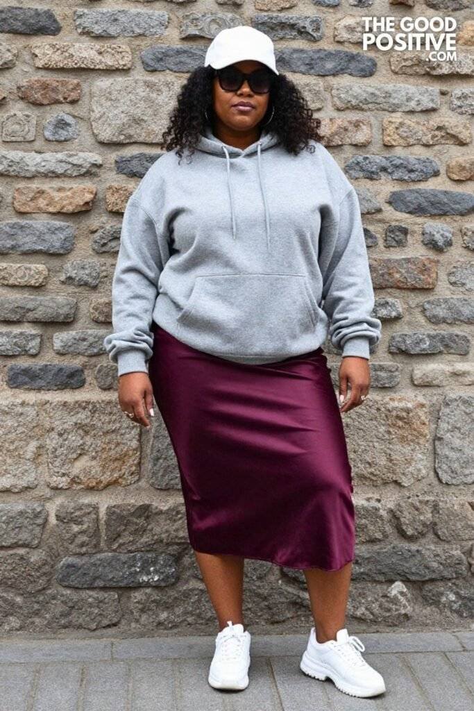 Plus Size Deep Plum Satin Midi Skirt Oversized Hoodie Outfit