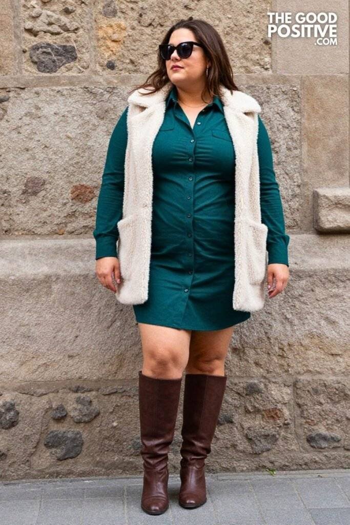 Plus Size Deep Teal Shirt Dress & Sherpa Vest Outfit