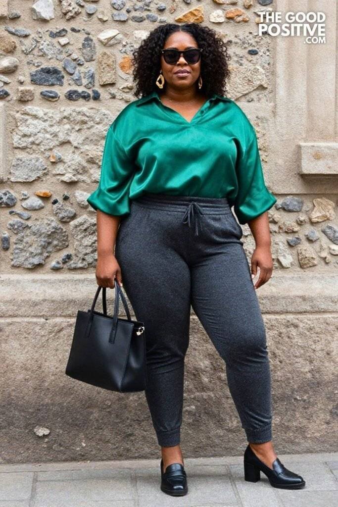 Plus Size Emerald Satin Blouse With Tailored Jogger Pants Outfit