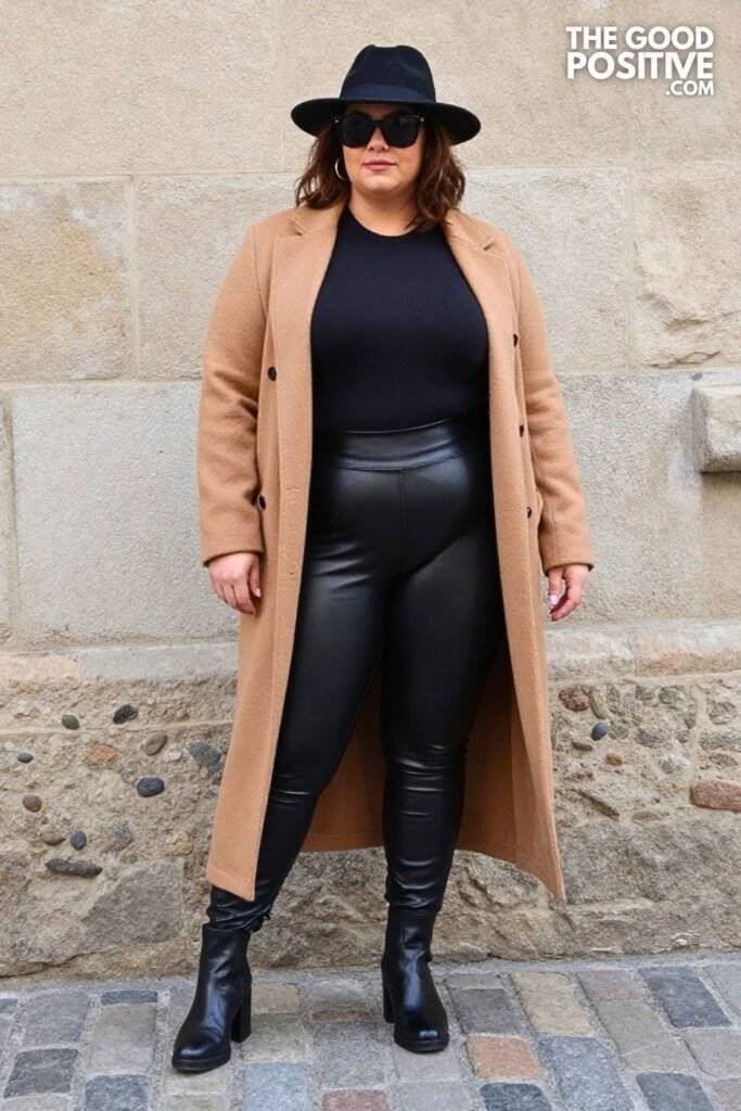 Plus Size Faux Leather Leggings With Longline Duster Cardigan