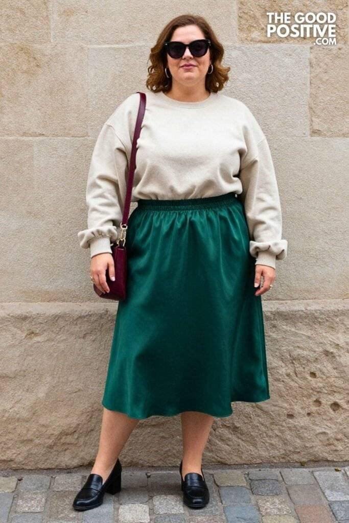 Plus Size Forest Green Satin Midi Skirt & Oversized Collegiate Sweatshirt Outfit