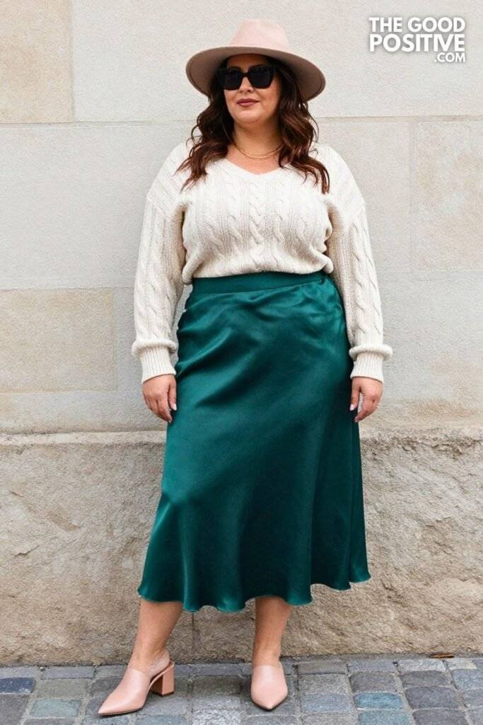 Plus Size Forest Green Satin Slip Midi Skirt With Cozy Cable-Knit Sweater