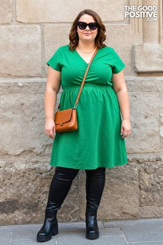 Plus Size Forest Green Smock Dress With Leather Leggings Outfit