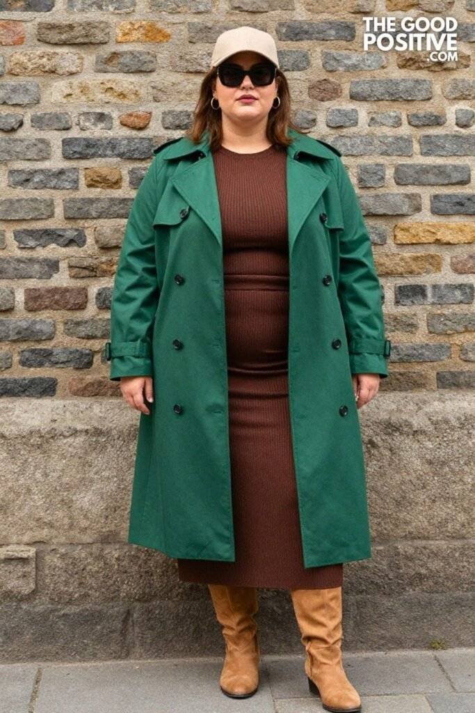 Plus Size Forest Green Trench Coat Ribbed Midi Skirt Outfit