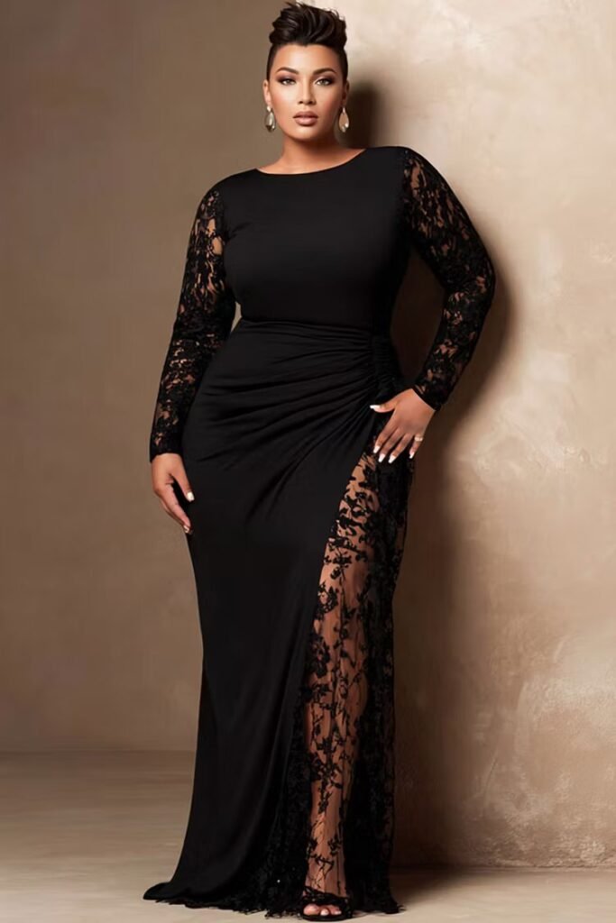 Plus Size Formal Black Round Neck Long Sleeve Contrast See Through Lace Maxi Dress