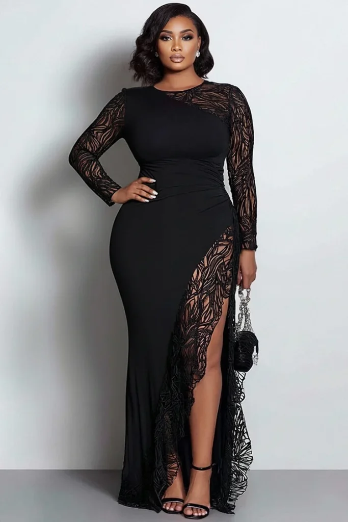 Plus Size Formal Black Round Neck Long Sleeve See Through Split Maxi Dress