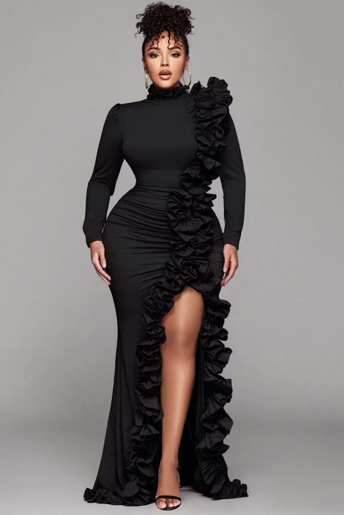 Plus Size Formal Black Round Neck Long Sleeve Split Elegant Ruffle 3D Satin Maxi Dress