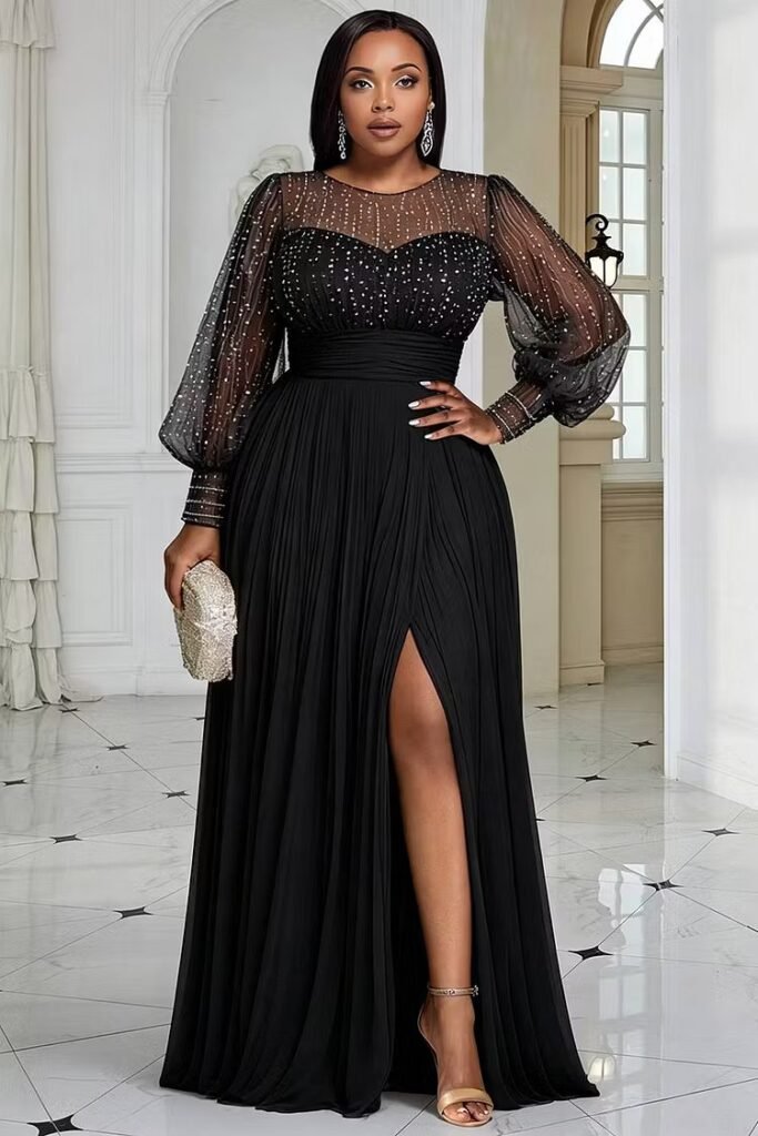 Plus Size Formal Black Round Neck Long Sleeve Split Elegant See Through Sequin Chiffon Maxi Dress