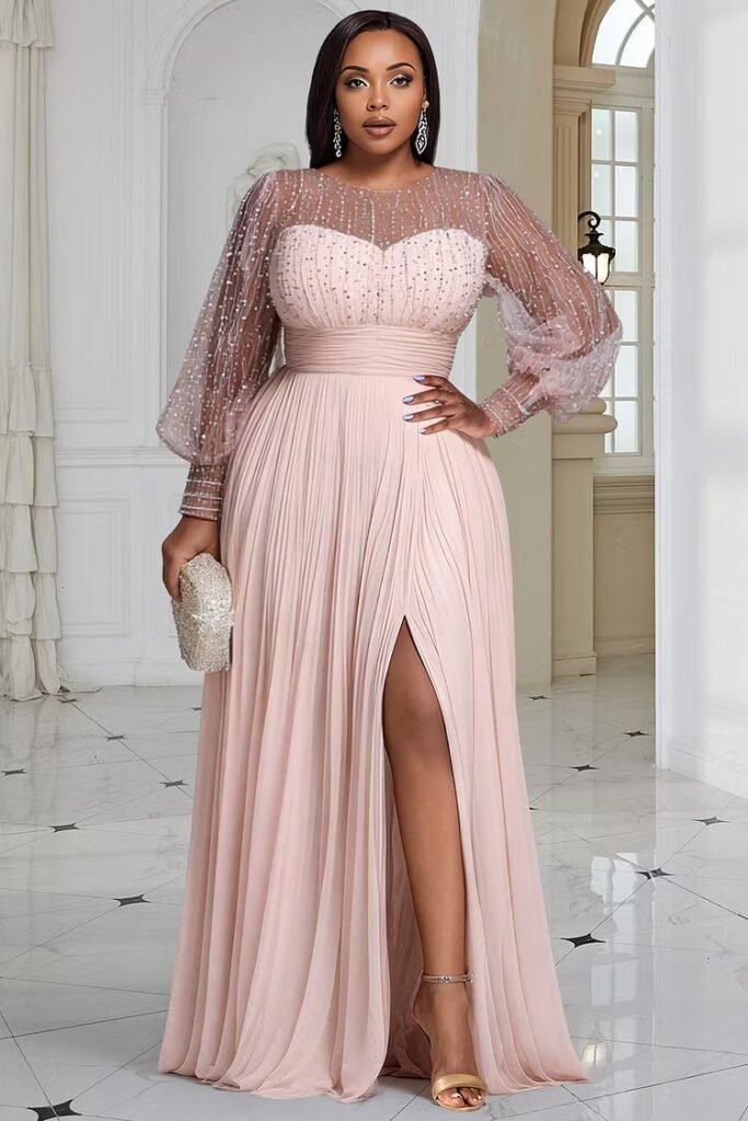 Plus Size Formal Champagne Round Neck Long Sleeve Split Elegant See Through Sequin Chiffon Maxi Dress