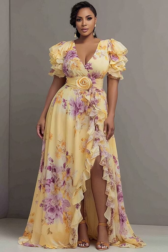 Plus Size Formal Elegant Yellow Floral V Neck Short Sleeve Ruffle 3D Chiffon Maxi Dress