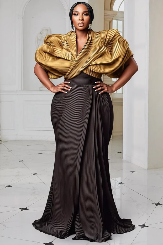 Plus Size Formal Gold Colorblock Wrap Neck Short Sleeve Pleated Elegant Contrast Maxi Dress
