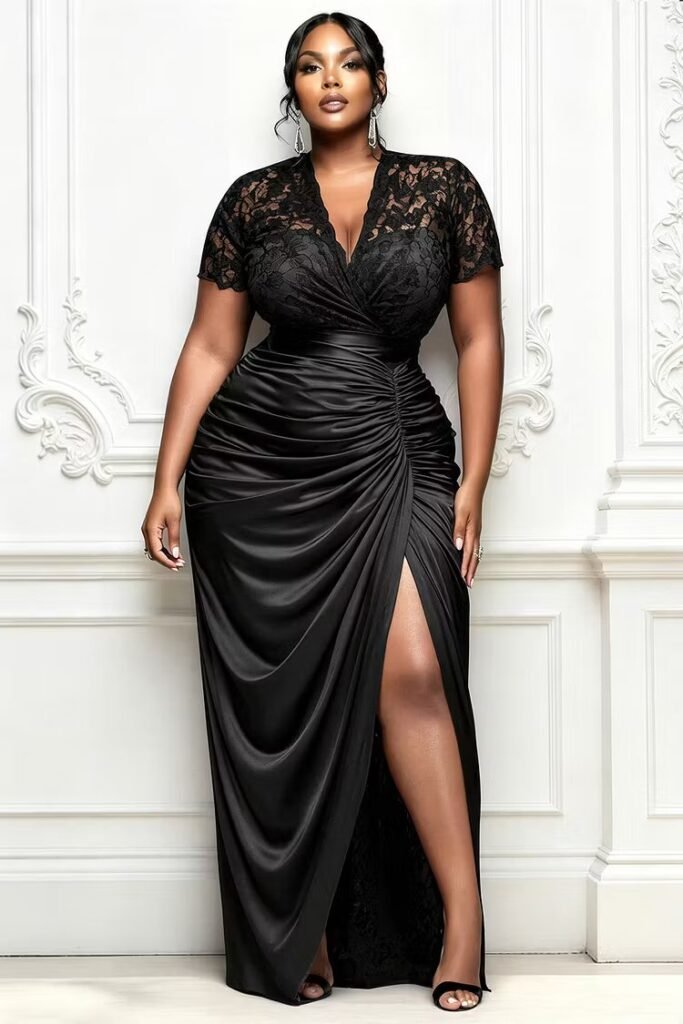 Plus Size Formal Lace Black Wrap Neck Short Sleeve See Through Split Satin Maxi Dress