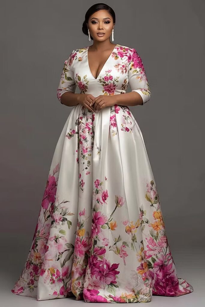 Plus Size Formal Multicolor Floral V Neck Short Sleeve Pocket Satin Maxi Dress