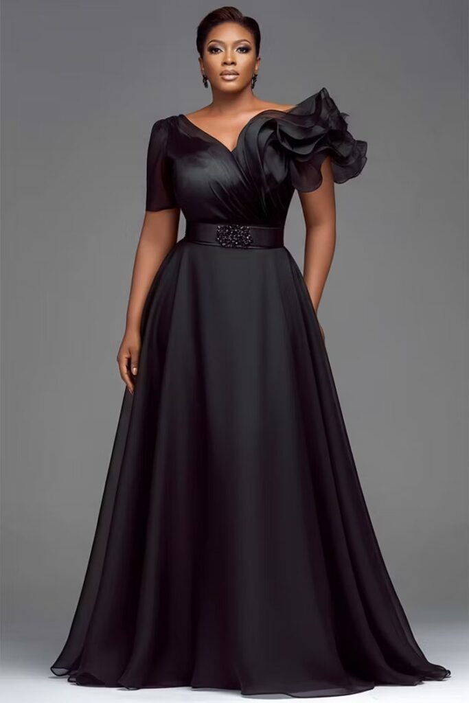 Plus Size Formal Organza Black V Neck Short Sleeve Ruffle Chiffon Maxi Dress