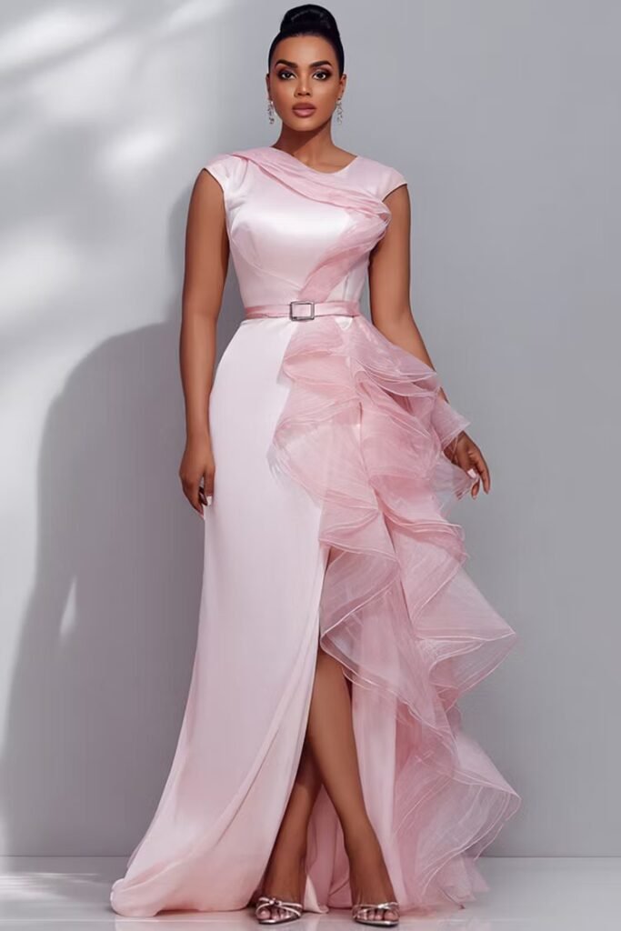 Plus Size Formal Organza Pink Round Neck Cap Sleeve Short Sleeve Ruffle Split Satin Maxi Dress