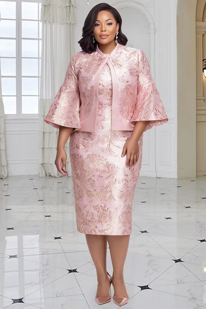 Plus Size Formal Pink Floral Flare 3:4 Sleeve Bodycon Satin Two Piece Dress Set