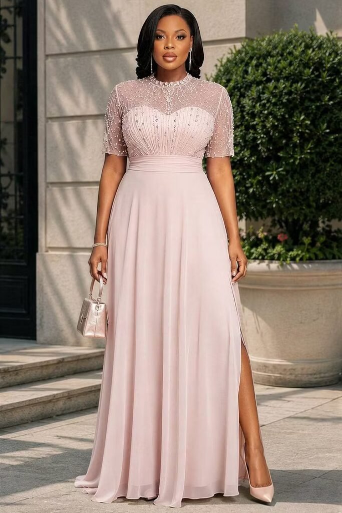 Plus Size Formal Pink Round Neck Short Sleeve Split Drilling Chiffon Maxi Dress
