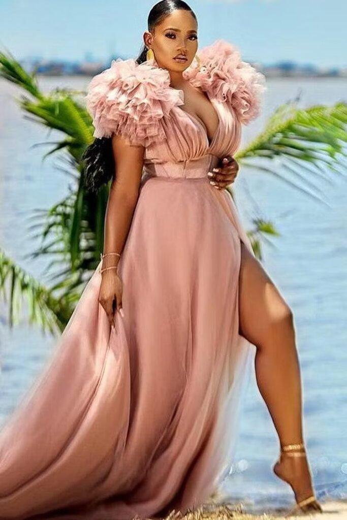 Plus Size Formal Pink Split Joint V Neck Tulle Ruffle Trailing Maxi Dress