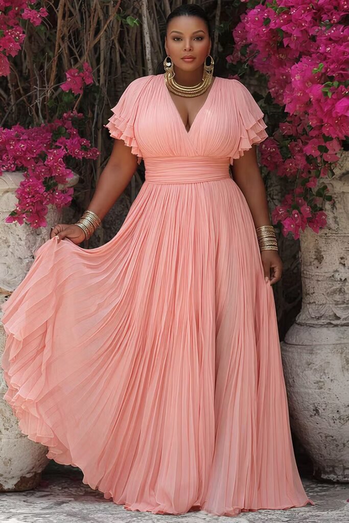 Plus Size Formal Pink Wrap Neck Short Sleeve Ruffle Pleated Maxi Dress