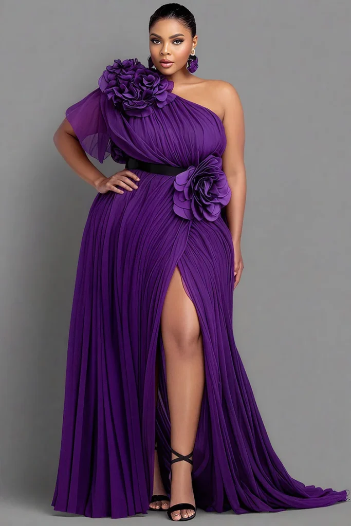 Plus Size Formal Purple One Shoulder Short Sleeve 3D Elegant Split Chiffon Maxi Dress