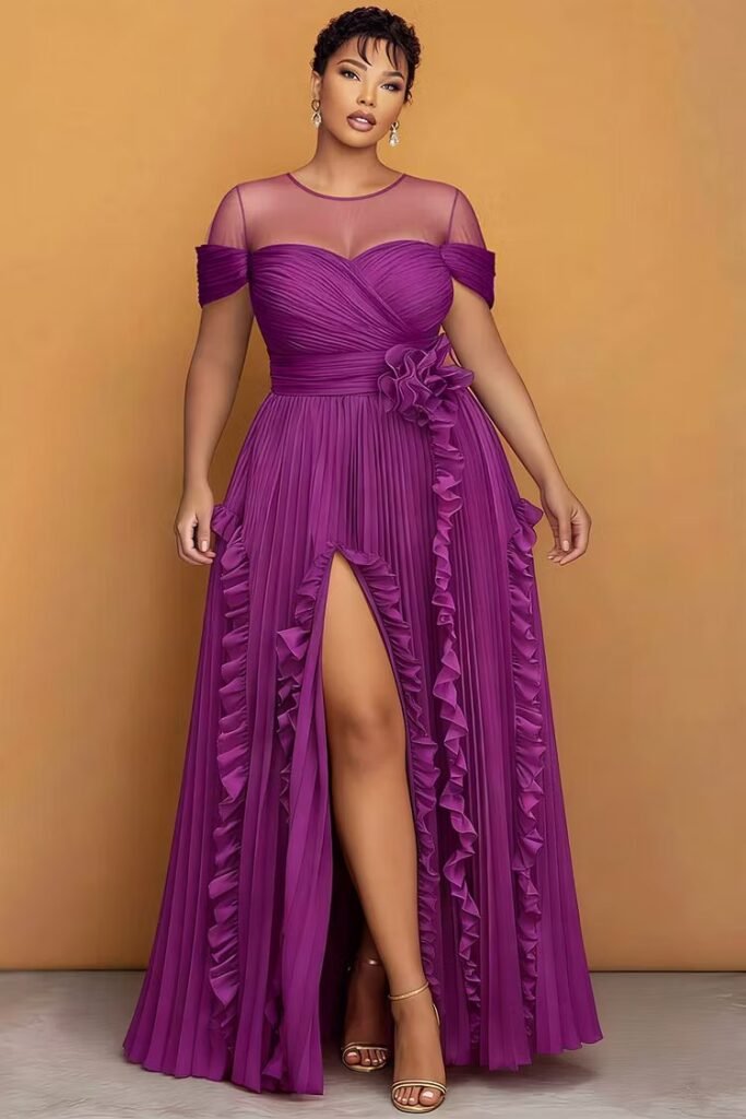 Plus Size Formal Purple Round Neck Short Sleeve Ruffle See Through Maxi Dress