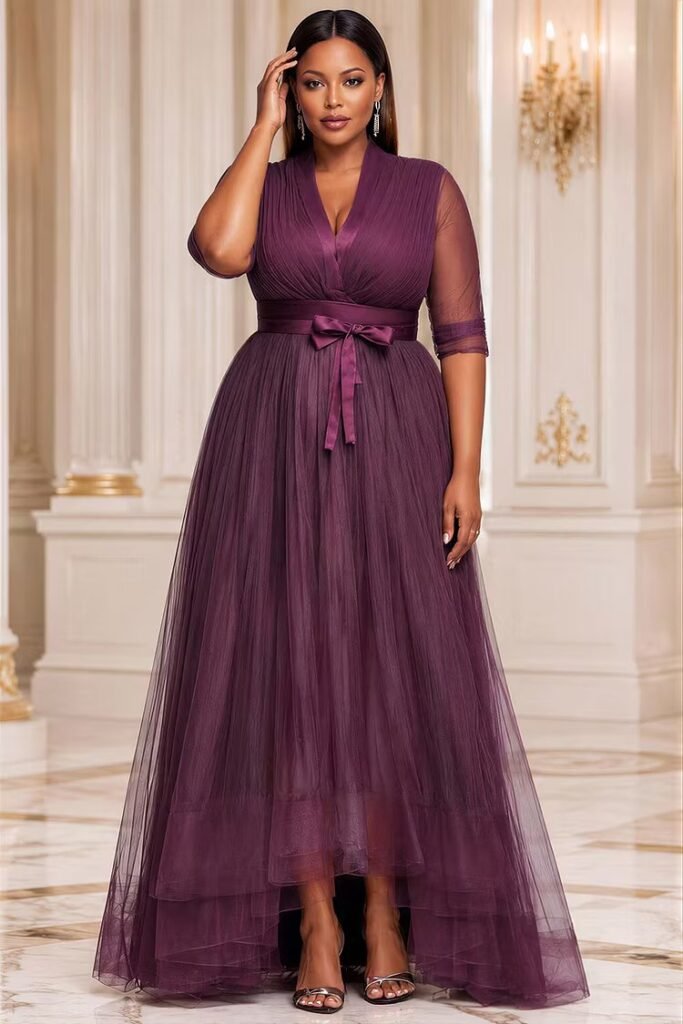 Plus Size Formal Purple V Neck Half Sleeve Asymmetric Hem Irregular Hem Fold Tulle Maxi Dress