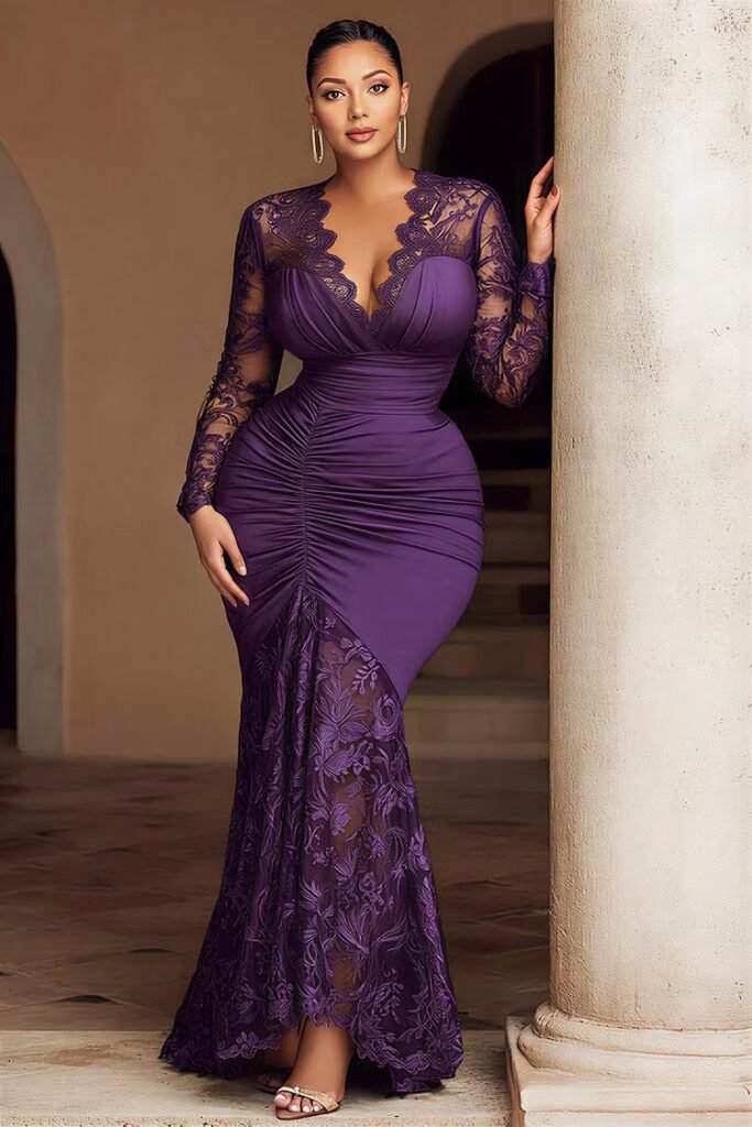 Plus Size Formal Purple V Neck Long Sleeve Bodycon Contrast Lace Maxi Dress
