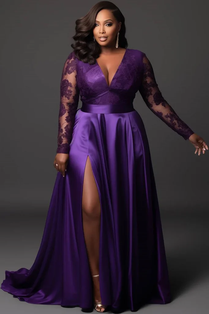 Plus Size Formal Purple V Neck Long Sleeve Split See Through Lace Satin Maxi Dress