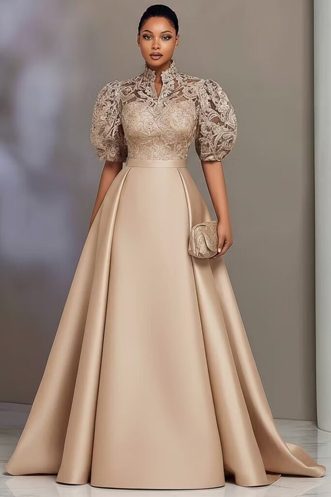 Plus Size Formal Satin Champagne Stand-Up Collar Puff Sleeve Short Sleeve Pleated Contrast Lace Maxi Dress