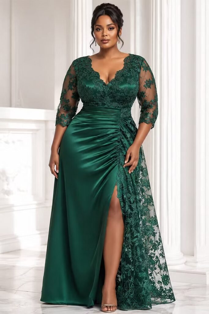 Plus Size Formal Satin Emerald Green V Neck 3:4 Sleeve Split Contrast Lace Maxi Dress