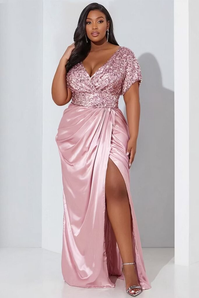 Plus Size Formal Satin Pink Wrap Neck Puff Sleeve Short Sleeve Split Contrast Sequin Maxi Dress