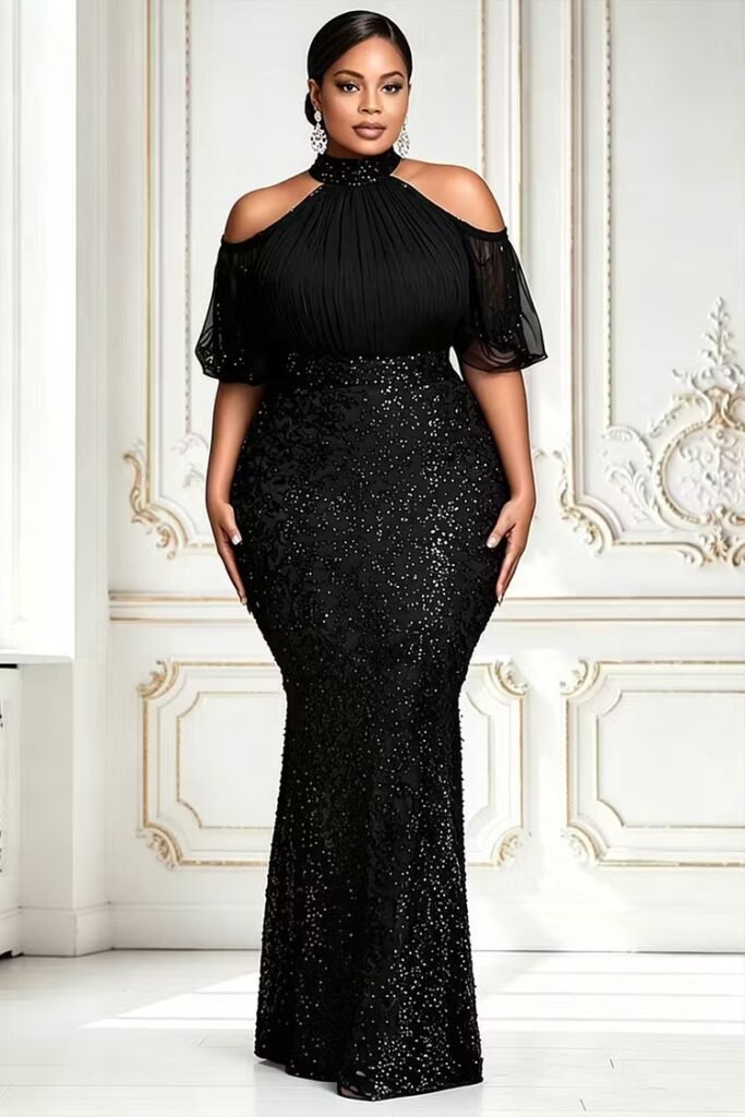 Plus Size Formal Sequin Black Cold Shoulder Short Sleeve Bodycon Contrast Chiffon Maxi Dress