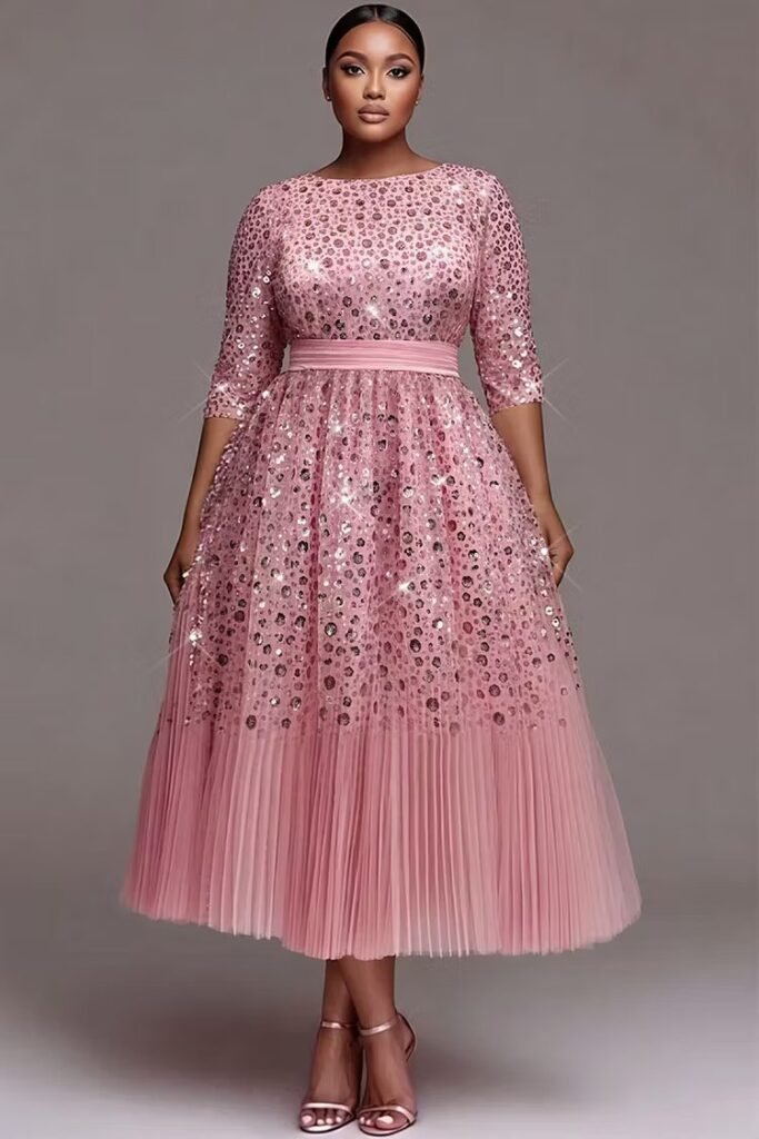 Plus Size Formal Tulle Pink Round Neck 3:4 Sleeve Pleated Sequin Midi Dress