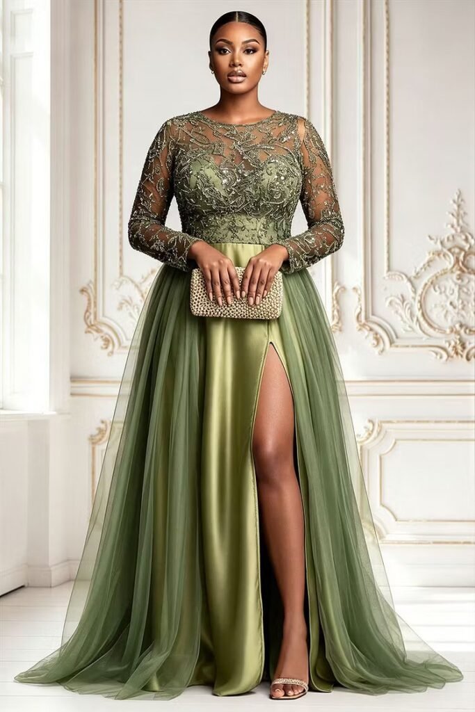 Plus Size Formal Tulle Sage Green Round Neck Long Sleeve Split Contrast Satin Maxi Dress