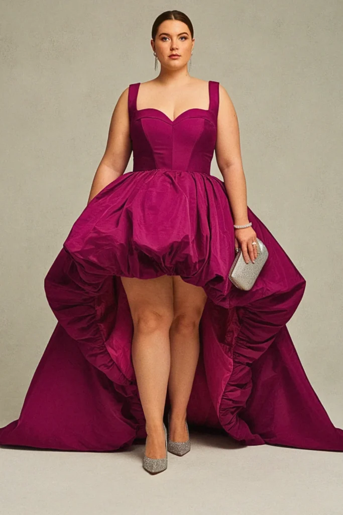 Plus Size Fuschia High-Low Taffeta Wedding Guest Dress