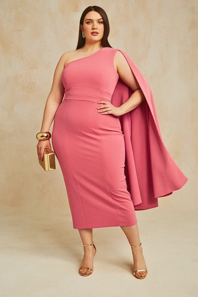 Plus Size Hot Pink One-Shoulder Cape Wedding Guest Dress
