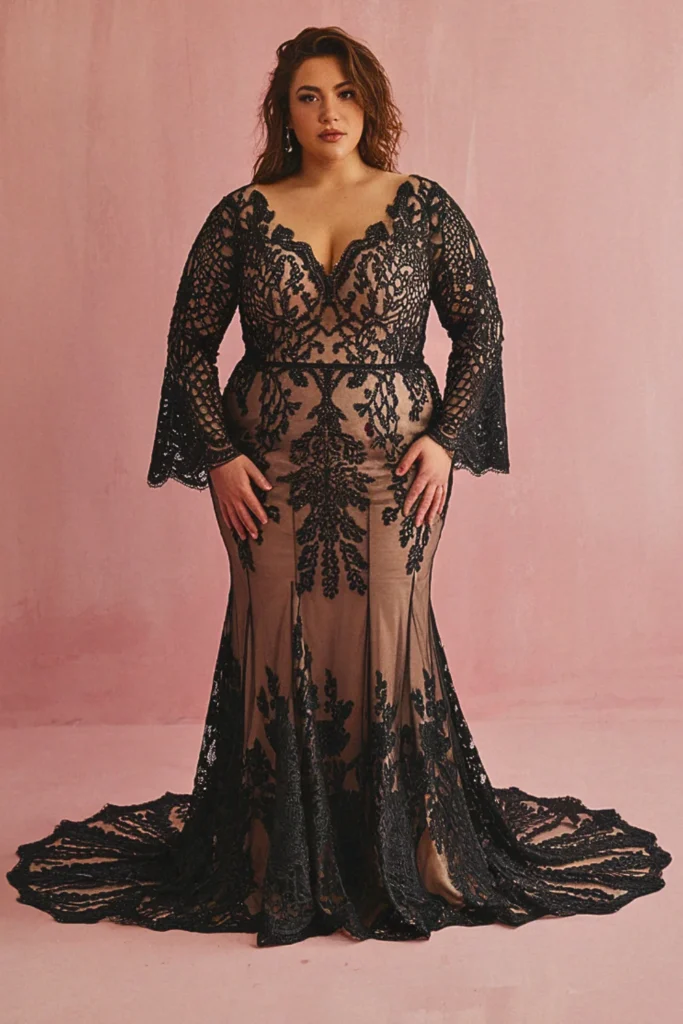 Plus Size Macramé Lace Bohemian Black Wedding Dress